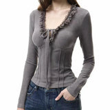 KYLETHOMASW  -  Y2k Clothes Ruffles T Shirt for Women Solid V Neck Fleece Autumn Winter Ropa De Mujer Japanese Style Retro Short Tees