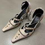 KYLETHOMASW  -   Retro Rivets Metal Chain High Heels Women Sexy Thin Heel Party Dress Shoes Elegant Office Shoes Pointed Toe Pump Sandals Women