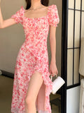 KYLETHOMASW  -  Summer Print Floral Asymmetrical Ruffled Dress Women Square Collar Short Sleeve Slim Pink Korean Dress Party Birthday Dresses