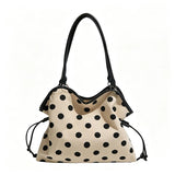 KYLETHOMASW  -  Vintage Black Polka Dot Canvas Tote Bag Leather Handle Drawstring Side Design Large Capacity Daily Shopping Shoulder Handbag