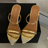 KYLETHOMASW  -  Fashion CRYSTAL Pointed Toe Women Slippers Sexy Thin High Heels Banquet Slide Shoes Summer Zapatos De Mujer