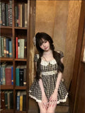 KYLETHOMASW  -  Japanese Sweet Vintage Black White Plaid Lace Doll Collar Ruffle Sleeve High Waist Mini Dress Petite Women Summer Party Wear