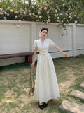 KYLETHOMASW  -  Summer French Style Dress for Women V Neck Short Sleeve Lace Trim Slim Fit Waist A Line Long Dress Elegant Flattering Design