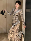 KYLETHOMASW  -  Mermaid Dresses Women V Neck Long Sleeve Printed Vintage Elegant Slim Sexy Party Dress Velvet Autumn New Temperament