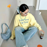 KYLETHOMASW  -  Women Yellow O Neck Long Sleeve Sweatshirt Loose Lazy Casual Classic Simple Top Vintage American Streetwear Harajuku Y2K Hoodie