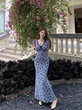 KYLETHOMASW  -  Chic V-neck Floral Dress For Women's 2024 Summer New French Fashion Slim Evening Dresses Holiday Style Elegant Long Party Dress.