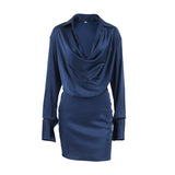 KYLETHOMASW  -  Office Siren Satin Dress for Women's Autumn Elegant Blue Swing Collar Long-sleeved Slim Fit Short Dress Female Clothes