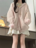 KYLETHOMASW  -   Sweater Women Sweet Furry Hooded Long Sleeve Loose Stretch Single Breasted Pockets Ball Drawstring Knitted Cardigan