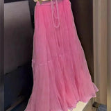 KYLETHOMASW  -  Pink Tutu Tulle Skirt for Women High Waist A-Line Long Club Party Dress Elegant Mesh Layered Skirt Summer Mujer Faldas 509A