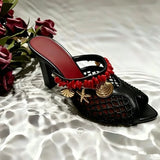 KYLETHOMASW  -  Women Mesh Mule Heels Red Coral Beads Seashell Decor High Heel Summer Beach Vacation Fashion Sandals Open Back Slip On Party
