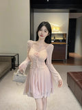 KYLETHOMASW  -  Woman Dress Sweet Sexy Flowers Long Sleeve Elegant Slim Mesh Patchwork Ruched Ruffles Party Mini Dresses Ladies