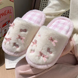 KYLETHOMASW  -  Color Blocking Bow Hairy Slippers for Women in Autumn and Winter Indoor Home with Plush Insulation and Anti Slip Cotton Mop