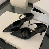KYLETHOMASW  -  Sexy Patent Leather Pointed Toe Buckle Strap Slippers Women Fashion Thin Heels Wedding Dress Mule Shoes