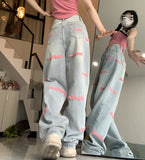 Kylethomasw Vintage Letters Embroidery Loose Washed Jeans Women Summer New High Waist All Match Casual Wide Leg Pants