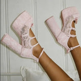 KYLETHOMASW  -  Women Sweet Lolita Floral Lace Platform Block Heel Pumps Triple Satin Mary Jane Straps Bow Round Toe Back Zip High Heels
