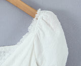 KYLETHOMASW  -  New Contrasting Bow Lace Trim White Blouse Women Sexy V Neck Puff Sleeve Slim Summer Crop Top