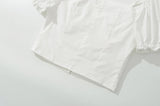 KYLETHOMASW  -  Sexy White U Collar Metal Hook Buttons Short Puff Sleeve Shirt Women Tie Bow Shoulder Center Slim Crop Tops Black