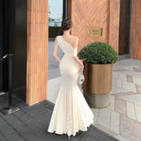 KYLETHOMASW  -  French Women Beige Patchwork Lace Elegant Sexy Backless Slanted Shoulder Long Dresses Summer Vacation Party Fishtail Dress Trend