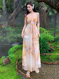 KYLETHOMASW  - Retro Beige Yellow Print Sleeveless Pleated Slip Long Dress Women Summer New Elegant Holiday Evening Party Dress Ladies Bohemian