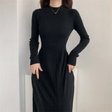 Kylethomasw Autumn/Winter British Style Celebrity Knitted Dress Solid Half High Neck Slim Fit Inner Matching Coat Pleated Long Dress