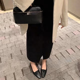 KYLETHOMASW  -  Black Ballet Flats Shoes Women Square Toe Crumple‌ Leather Elegant Ladies Shoes Shallow Slip on Spring Autumn Loafers