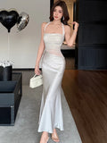 KYLETHOMASW  -  New Solid Satin Patchwork Mesh Pleated Dress Summer Elegant Luxury Neck-mounted Sexy Dress Women Korean Bodycon Party Dress