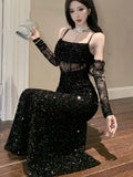 KYLETHOMASW  -  Sexy Sequins Black Womens Dresses Elegant Spaghetti Strap Hollow Out Bodycon Party Dress Summer Slim Waist Vestidos Female Robe