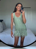 KYLETHOMASW  -  Sequined Short Dress Women Sexy Square Collar Tassels Slip Sleeveless Patchwork A-line Party Dresses Charming Ladies Streetwear