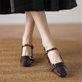 KYLETHOMASW  -  Metal Buckle Decoration Mary Jane Shoes Women Comfortable Leather High Heels Elegant Chunky Heel Women Pumps Zapatos De Mujer