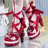 KYLETHOMASW  -  Original Egg Tart Heart High Heel Lolita Shoes with  Knot Silk Ribbon and Unique Shape Heel for Women