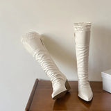 KYLETHOMASW  -  Autumn Winter Fashion Pleated Design Women Knee-High Boots Vintage Faux Suede Lace High heels Western Cowboy Long Booties Shoes