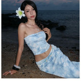 KYLETHOMASW  -  Women's Two Piece Set Strapless Tie Dye Crop Top and High Waist Maxi Skirt Set Boho Beach Vacation Outfit