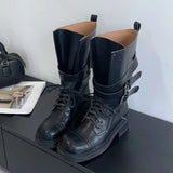 KYLETHOMASW  -  Retro Round Toe Lace-up Mid-calf Boots Women Fashion Belt Buckle Thick Bottom Platform Boots Comfort Non-slip Outdoor Biker Boot