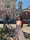KYLETHOMASW  -  Chic Elegant Coquette Princess Pink Sakura Strapless Lace Tulle Sheer Mesh Formal Dress Women Girls Summer Evening Party Wear