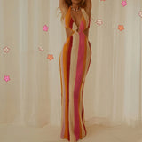 KYLETHOMASW  -  Boho Knitted Hollow Out Long Dress Sexy V Neck Backless Tie-up Halter Dress Chic Women Summer Beach Holiday Club Party Clothing