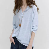 KYLETHOMASW  -  Nordic Lazy Women Cool Thin Stripe Ice Cotton Henley Neck Loose Long Sleeve Casual Blouse