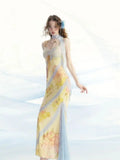 KYLETHOMASW  -  Irregular Lace Patchwork Design Stunning Printed Camisole Dress Summer French Style Sweet Slimmin Long Dress for Women
