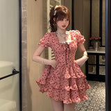 KYLETHOMASW  -  Korean White Delicate Pretty Waist Cinched Fluffy Runaway Princess Dress French Ruffled Edge Square Neck Floral Dresses