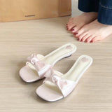KYLETHOMASW  -  Summer Plaid Satin Bow Knot Women Slippers Concise Square Toe Lightweight Slip On Slides Outdoor Daily Walking Vacation Shoes