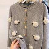 KYLETHOMASW  -  Sweet Hot Girl Three-dimensional Lamb Knitted Cardigan Women's Autumn-winter Thickened O-neck Long-sleeved Loose Sweater