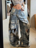 KYLETHOMASW  -  American Street Retro New Low Waist Jeans Women Plaid Splicing Ripped Wide Leg Jeans Hot Girl Y2k Streetwear Daily Casual Outfit