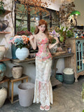 KYLETHOMASW  -  Summer Women Two Piece Set Floral Corset Top and Lace Midi Skirt Elegant Mesh Outfit Slim Fit Vintage French Style Beach Suit