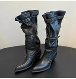 KYLETHOMASW  -  Vintage Pleated Belt Buckle Faux Suede Women Knee High Boots Autumn Winter Fashion High heels Western Cowboy Knight Boots Shoes