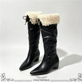 KYLETHOMASW  -  Big Size 42 Vintage y2k Knee‑High Boots Women Shoes Pointed Toe Shearling Fleece Warm Winter Inside Wedge Heel Cowboy Boots