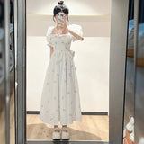 Kylethomasw Large Size Summer 2024 New Women's Floral Bubble Sleeved Dress with Square Collar, French Kikyo Tea Break Long Skirt