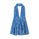 KYLETHOMASW  -  Sexy Women Halter V Collar Backless Mini Dress Women Holiday Blue Floral Lacing up Back Loose Dresses Femme Vestidos Summer Robe