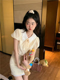 KYLETHOMASW  -  Summer Yellow Fashion 2 Piece Sets Cute Girl Short Puff Sleeve Lace Doll Collar Shirt Top&Mini Skirt 2pc Dress Suits