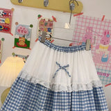 KYLETHOMASW  -  Cute Mori Girl Style Summer Bow Ruffle Plaid A-Line Maxi Skirt Korean Fashion Kawaii High Waist Picnic Long Skirts for Women