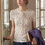 KYLETHOMASW  -  French Retro Women Summer Textured Floral Knit T-shirt Lace Collar Half Button Short Sleeve Casual Blouse