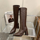 KYLETHOMASW  -  Autumn Winter Women Knee High Boots Fashion Knight Long Booties Square High Heels Shoes Botas Mujer